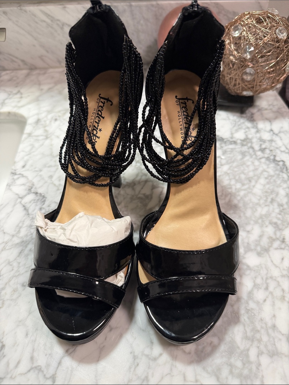 Frederick's of Hollywood Black Beaded High Heel Sandals. Woman’s Size 7 BN